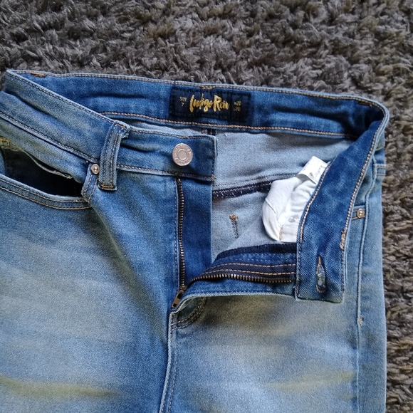 Indigo Rein Patchwork Flare Jeans Size 7 Y2K Boho Colorblock Raw Hem - Picture 12 of 13